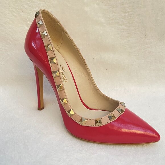 Rockstud Accents Patent Leather Red Pumps 6 - Picture 6 of 9